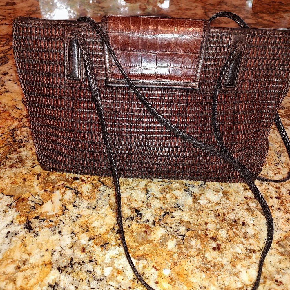 Brighton shoulder bag, brown weave with embossed panel, silver accents13X8" - Picture 4 of 15